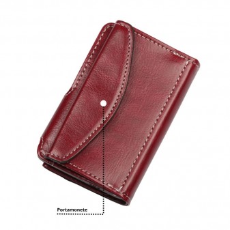 Retro del portafoglio trifold rosso soft touch con portamonete a patta e chiusura a pressione.