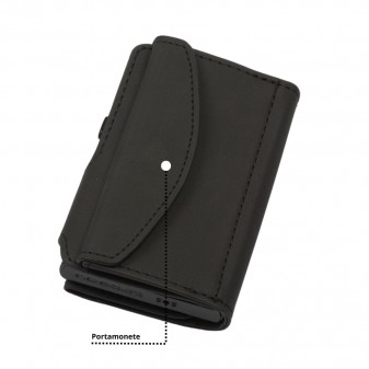 Retro del portafoglio nero con portamonete esterno e design curvo.