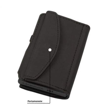 Retro del portafoglio nero con portamonete esterno e design curvo.