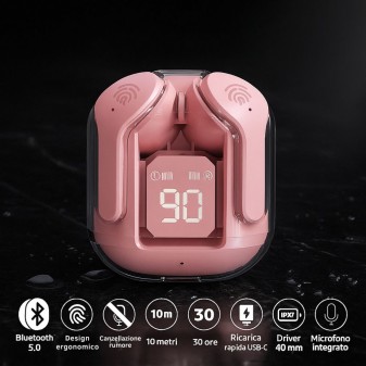 Auricolari rosa Bluetooth 5.0 in custodia con LED digitale e icone funzioni: touch, IPX7, 30 ore autonomia
