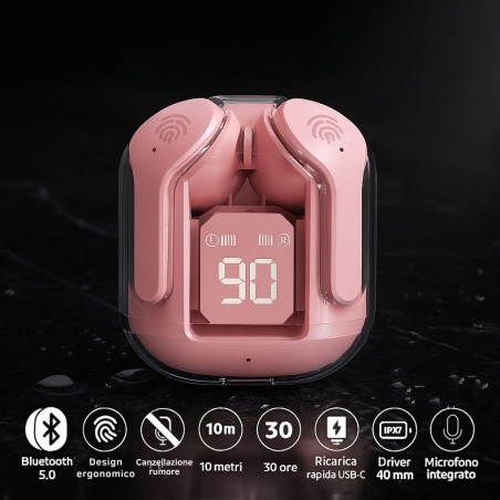 Auricolari rosa Bluetooth 5.0 in custodia con LED digitale e icone funzioni: touch, IPX7, 30 ore autonomia