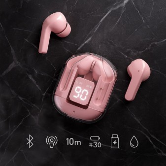 Auricolari Bluetooth rosa TWS 5.3 con custodia LED e design compatto su sfondo nero