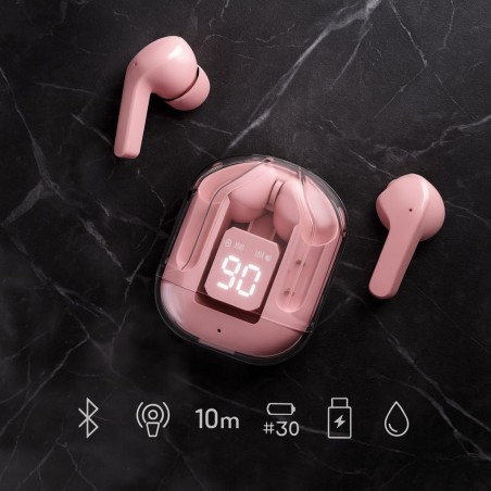 Auricolari Bluetooth rosa TWS 5.3 con custodia LED e design compatto su sfondo nero