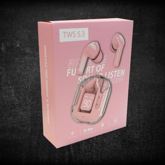 Confezione auricolari rosa TWS 5.3 con scritta "Ascolta il suono del futuro" e tecnologia Hi-Res