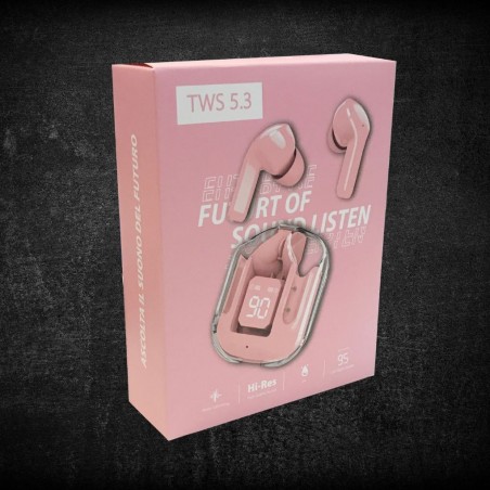 Confezione auricolari rosa TWS 5.3 con scritta "Ascolta il suono del futuro" e tecnologia Hi-Res
