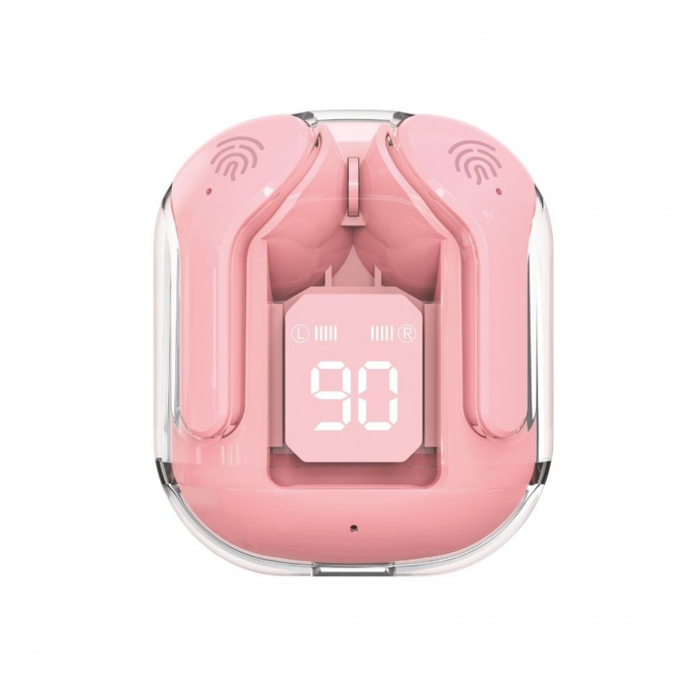 Auricolari rosa TWS Bluetooth 5.3 in custodia trasparente con display LED a 90%