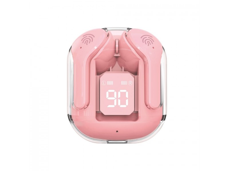 Auricolari rosa TWS Bluetooth 5.3 in custodia trasparente con display LED a 90%