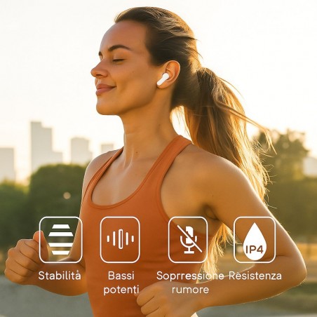 Donna che corre all'aperto con auricolari wireless rosa, simboli di stabilità, bassi e resistenza IP4