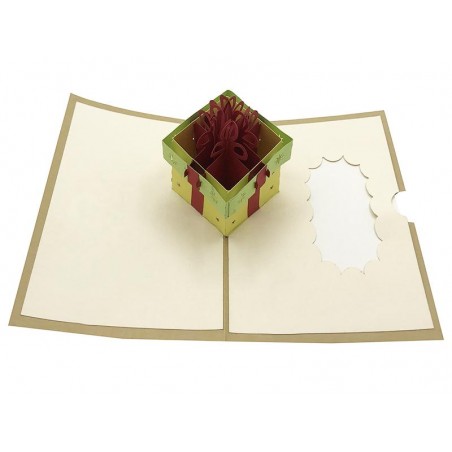 Immagine biglietto aperto: Biglietto origami 3D Pacco Regalo dorato con fiocco rosso aperto