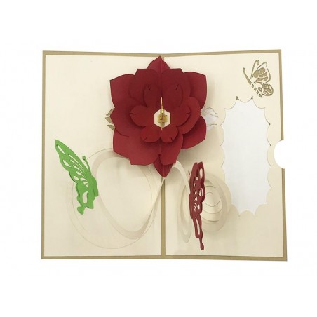 Biglietto Origami 3D aperto con fiore rosso e farfalle colorate in rilievo