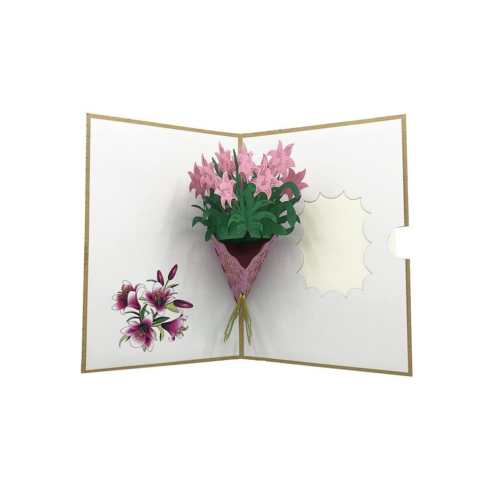 Biglietto Origami 3D con mazzo di fiori rosa in rilievo e carta decorativa