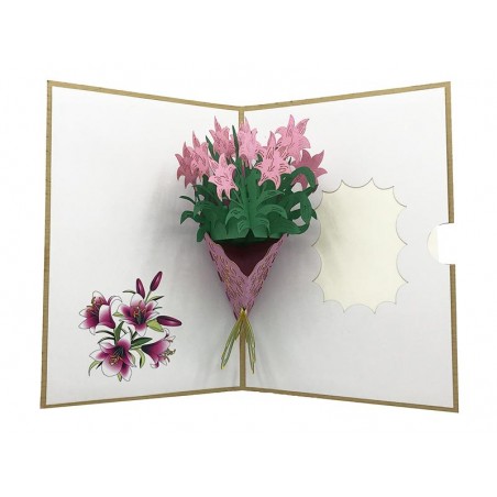 Biglietto Origami 3D con mazzo di fiori rosa in rilievo e carta decorativa
