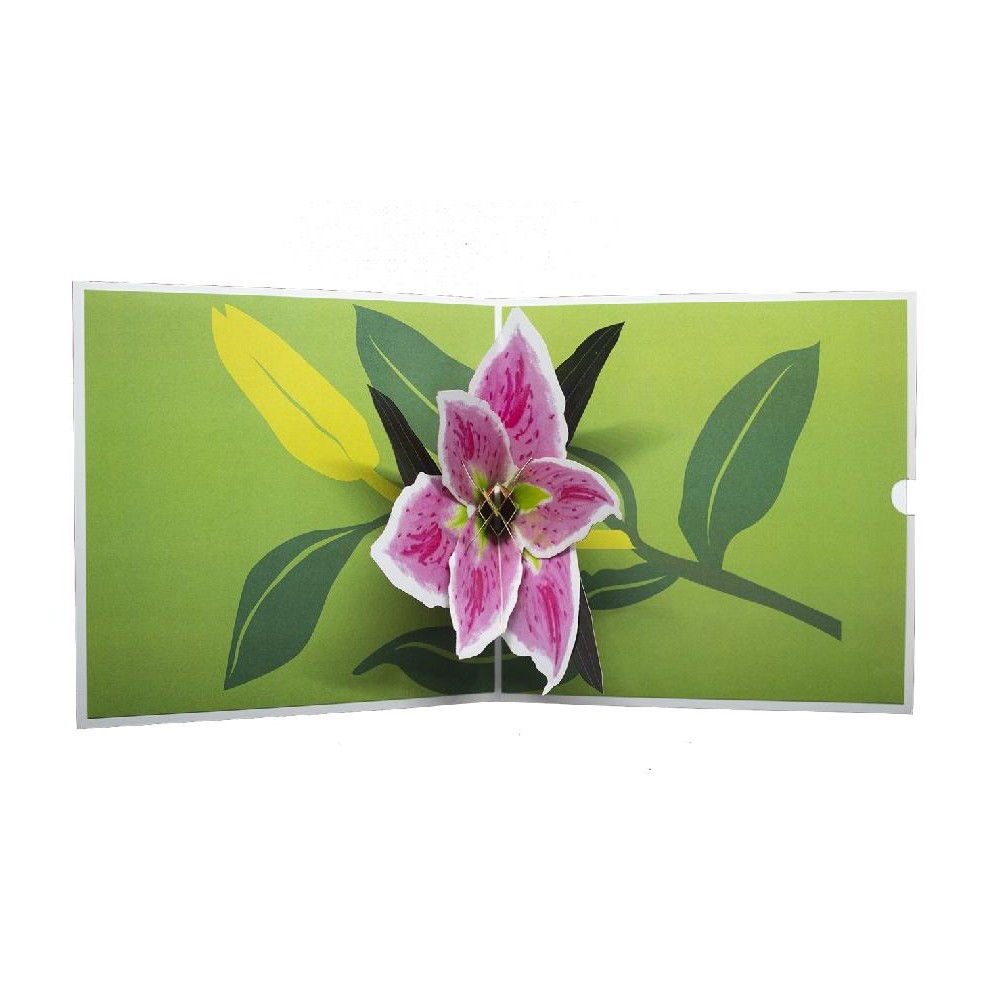 Biglietto pop-up fiore rosa tridimensionale su sfondo verde
