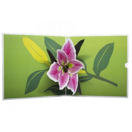 Biglietto pop-up fiore rosa tridimensionale su sfondo verde