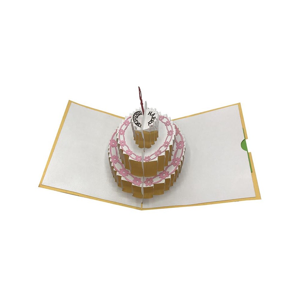 Biglietto Origami Torta di Compleanno aperto con torta 3D a tre piani