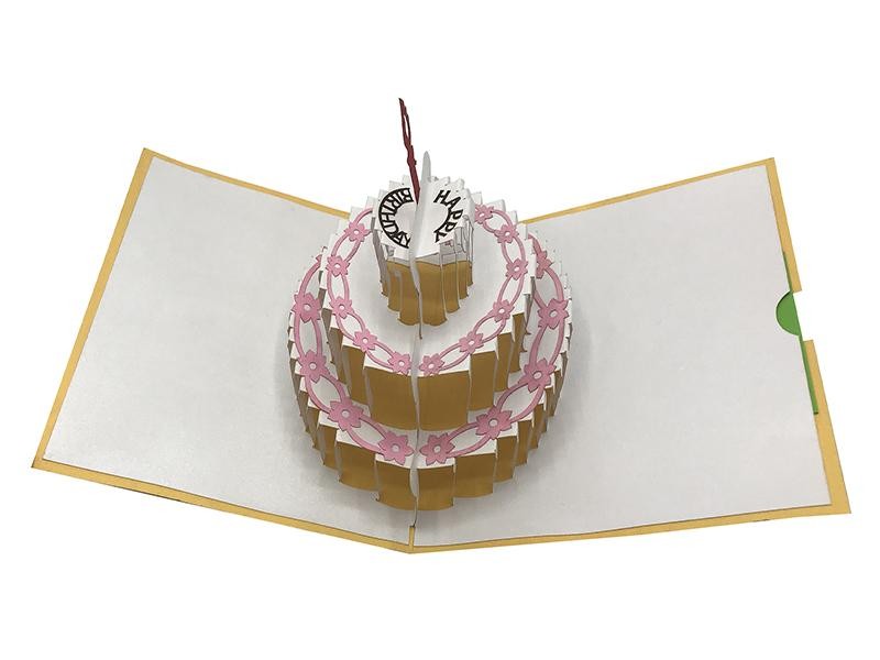 Biglietto Origami Torta di Compleanno aperto con torta 3D a tre piani