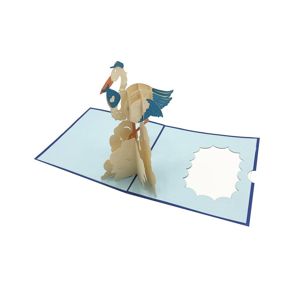 Biglietto Origami 3D aperto con cicogna e fagottino blu per nascita maschietto
