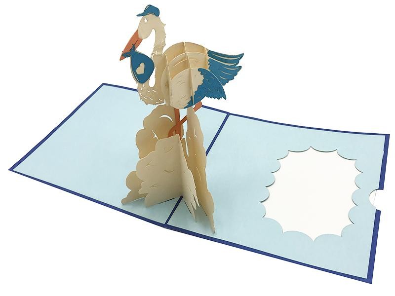 Biglietto Origami 3D aperto con cicogna e fagottino blu per nascita maschietto