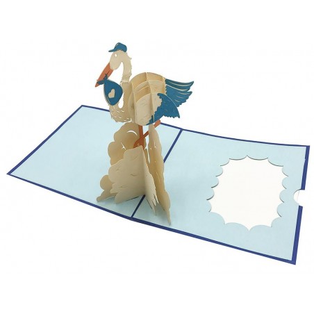Biglietto Origami 3D aperto con cicogna e fagottino blu per nascita maschietto