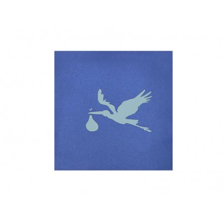 Copertina blu con silhouette di cicogna in volo con pacco regalo