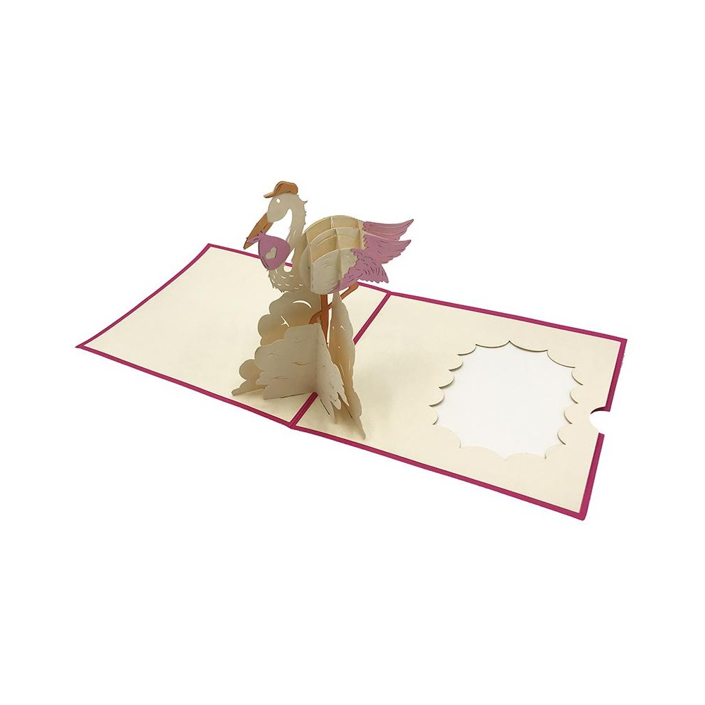Biglietto Origami 3D Cicogna Rosa con fagottino – annuncio nascita bambina