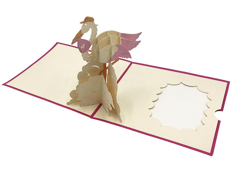 Biglietto Origami 3D Cicogna Rosa con fagottino – annuncio nascita bambina