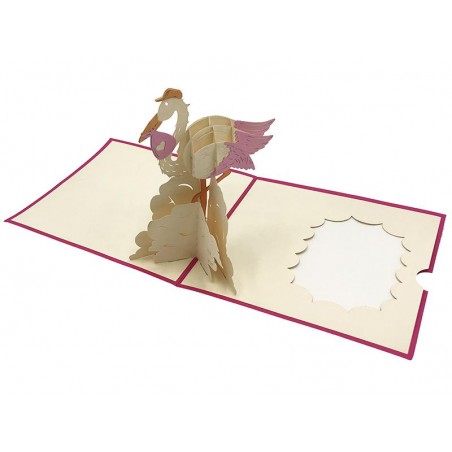 Biglietto Origami 3D Cicogna Rosa con fagottino – annuncio nascita bambina