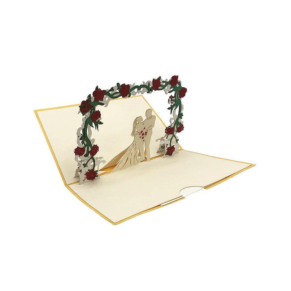 Biglietto Origami 3D Matrimonio aperto con sposi sotto arco floreale tridimensionale