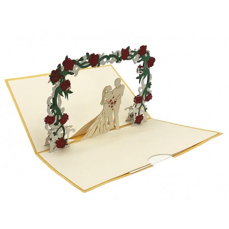 Biglietto Origami 3D Matrimonio aperto con sposi sotto arco floreale tridimensionale