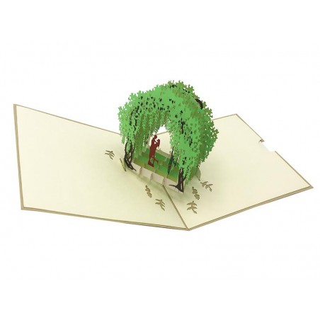 Biglietto Origami Innamorati aperto con coppia sotto pergolato in carta 3D