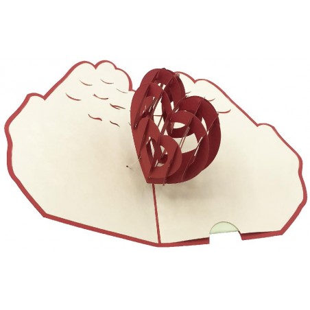 Biglietto Origami 3D Mani Cuore aperto con cuore rosso tridimensionale tra mani stilizzate