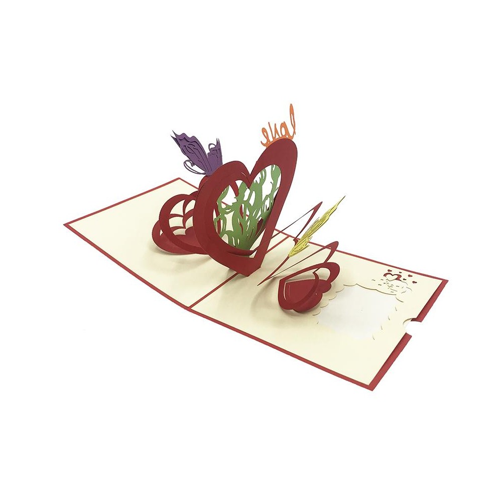 Biglietto Origami Cuori e Farfalle aperto con pop-up 3D di cuori e scritta Love