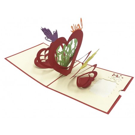 Biglietto Origami Cuori e Farfalle aperto con pop-up 3D di cuori e scritta Love