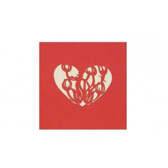 Copertina rossa del Biglietto Origami Cuori e Farfalle con cuore traforato a tulipani