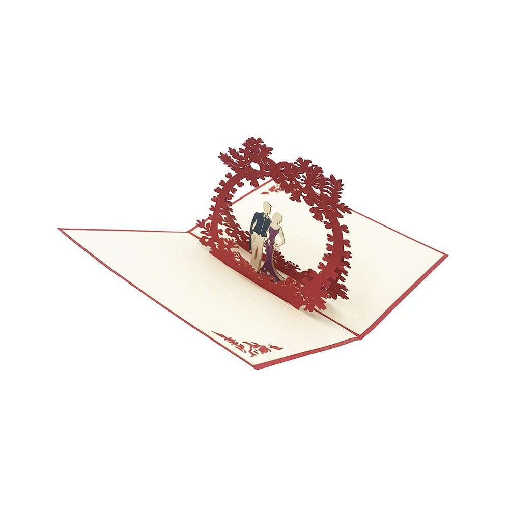 Biglietto Origami LOVE aperto con coppia sotto arco floreale rosso 3D