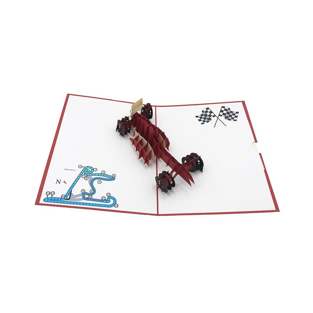 Biglietto Origami 3D con auto Formula 1 rossa tridimensionale su pista