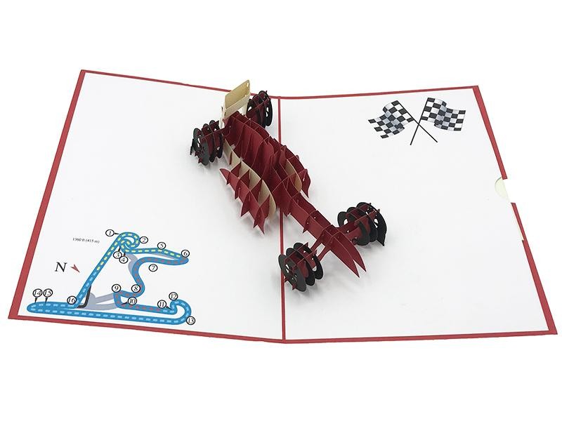 Biglietto Origami 3D con auto Formula 1 rossa tridimensionale su pista