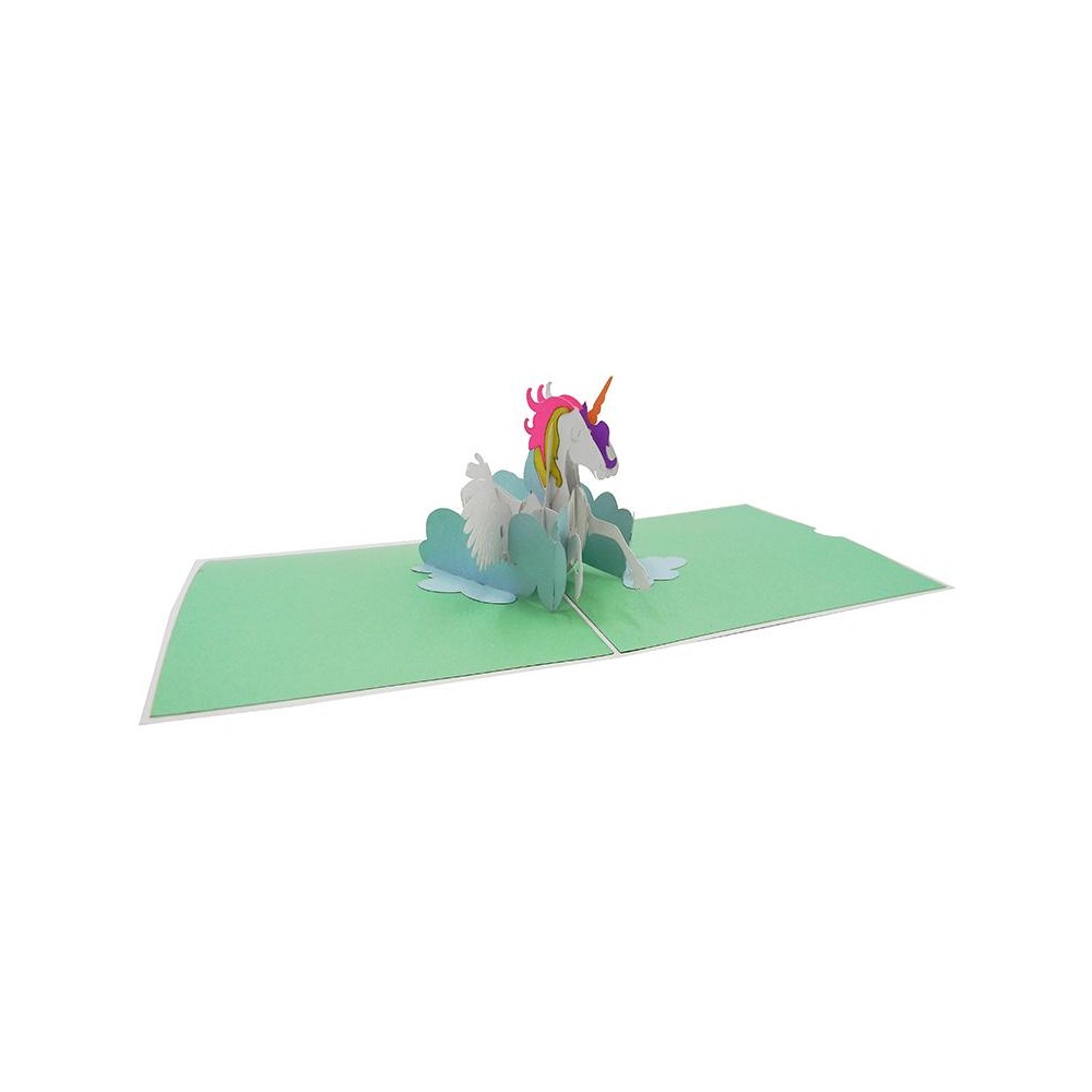 Biglietto Origami 3D Unicorno aperto, con struttura tridimensionale tra nuvole colorate