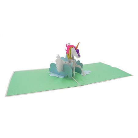 Biglietto Origami 3D Unicorno aperto, con struttura tridimensionale tra nuvole colorate