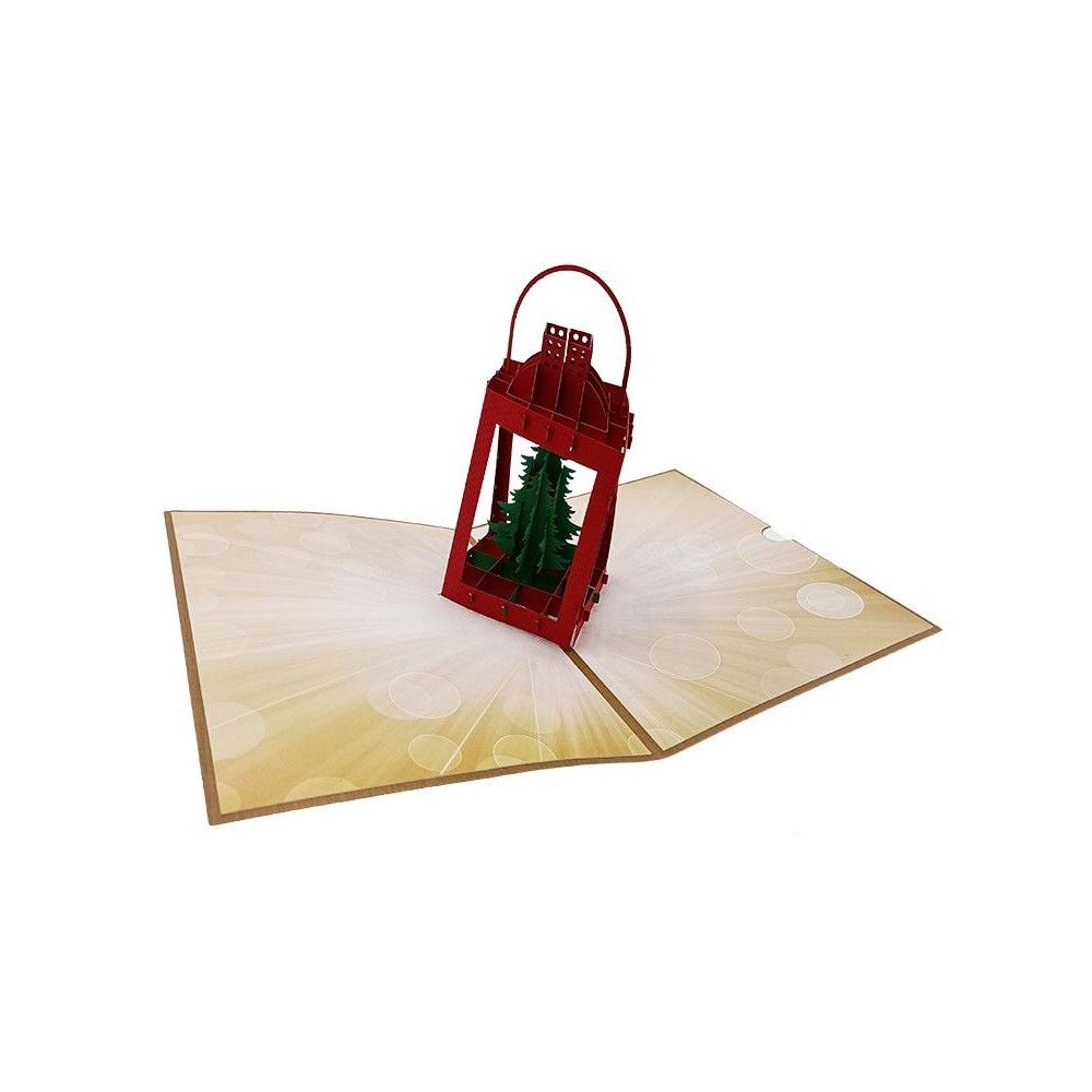 Biglietto pop-up 3D lanterna natalizia con alberi verdi
