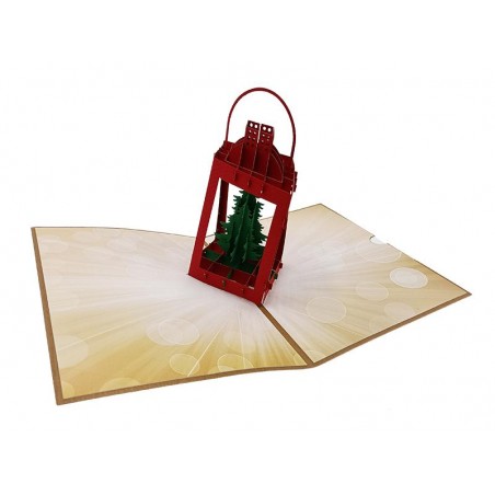 Biglietto pop-up 3D lanterna natalizia con alberi verdi