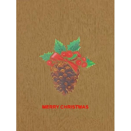 Biglietto di Natale Pigna marrone con scritta Merry Christmas su sfondo effetto legno