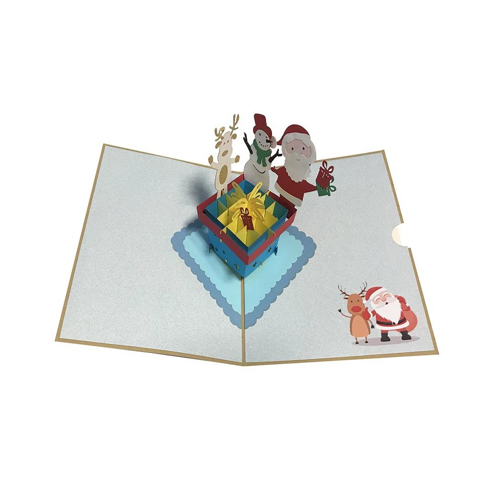 Biglietto Pop-up di Natale 3D con Babbo Natale, pupazzo di neve e renna in regalo