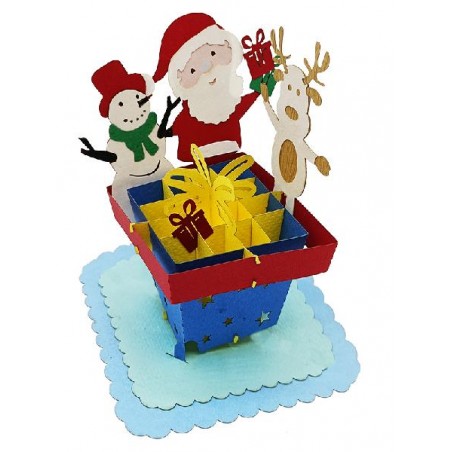 Copertina biglietto di Natale con Babbo e pupazzo che emergono dal camino