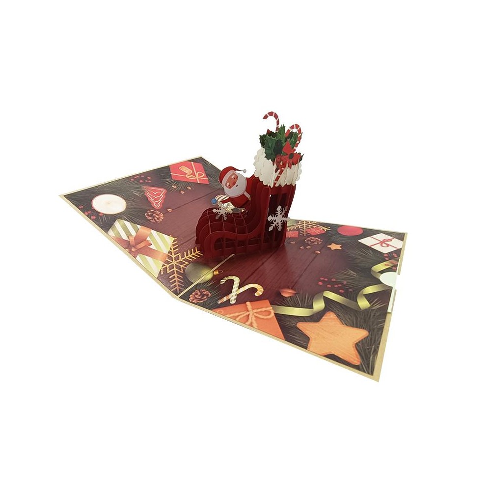 Scena interna tridimensionale con calza natalizia pop-up e dolcetti