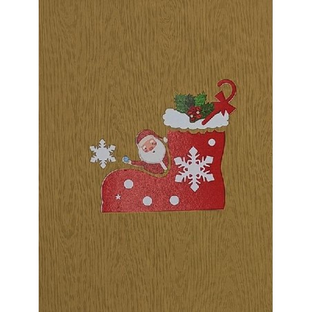 Copertina biglietto di Natale con illustrazione calza rossa e Babbo sorridente