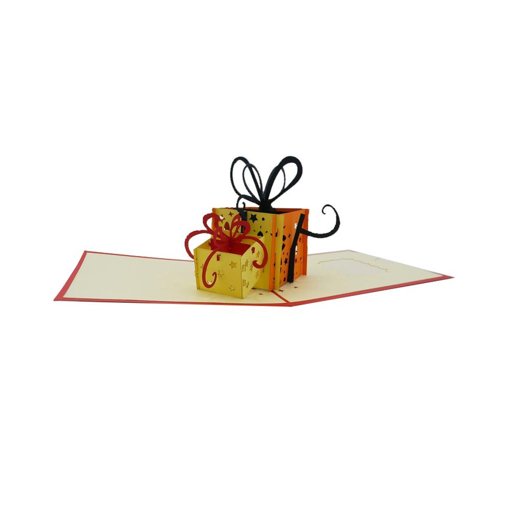 Biglietto Origami Pacchetti Colorati 3D aperto con pacchi regalo a rilievo