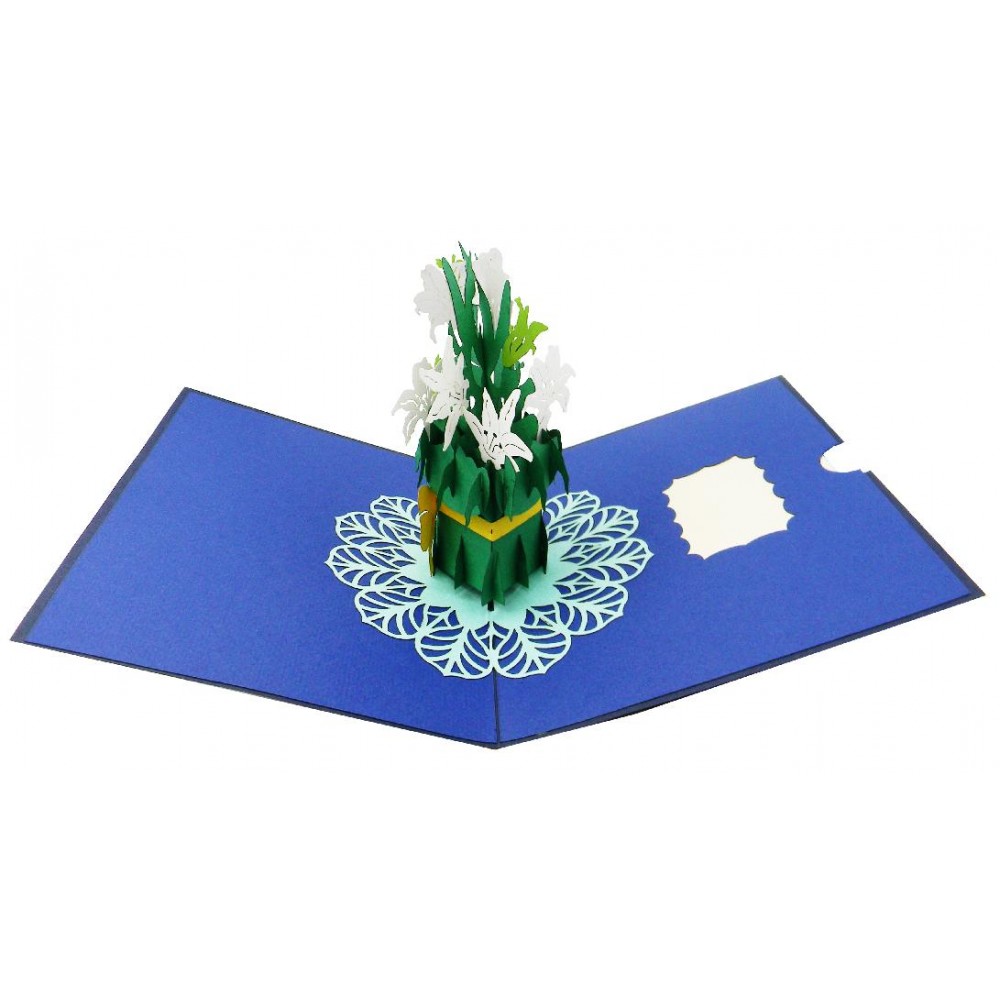Biglietto pop-up fiori bianchi 3D su sfondo blu con decorazione