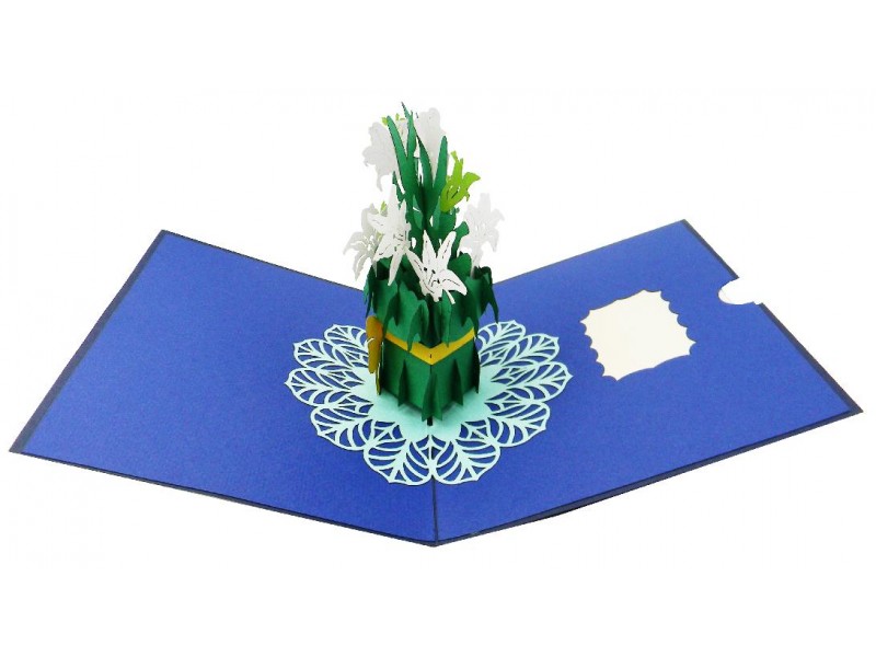 Biglietto pop-up fiori bianchi 3D su sfondo blu con decorazione