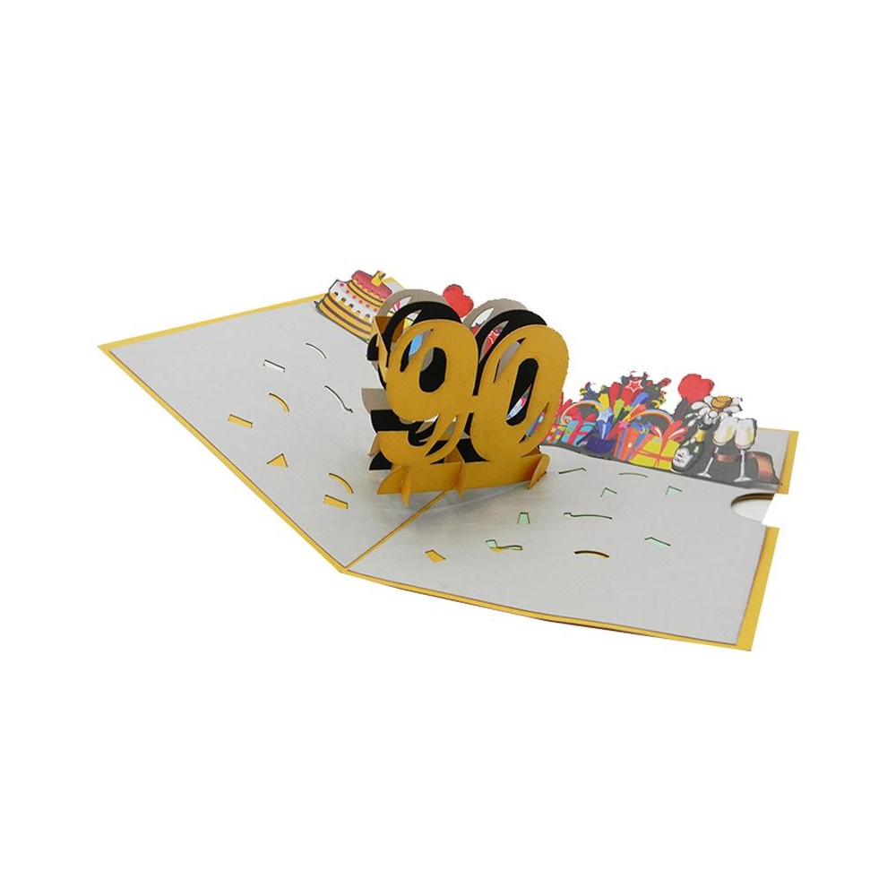Biglietto Auguri Compleanno 90 Anni con numero pop-up e festa a colori